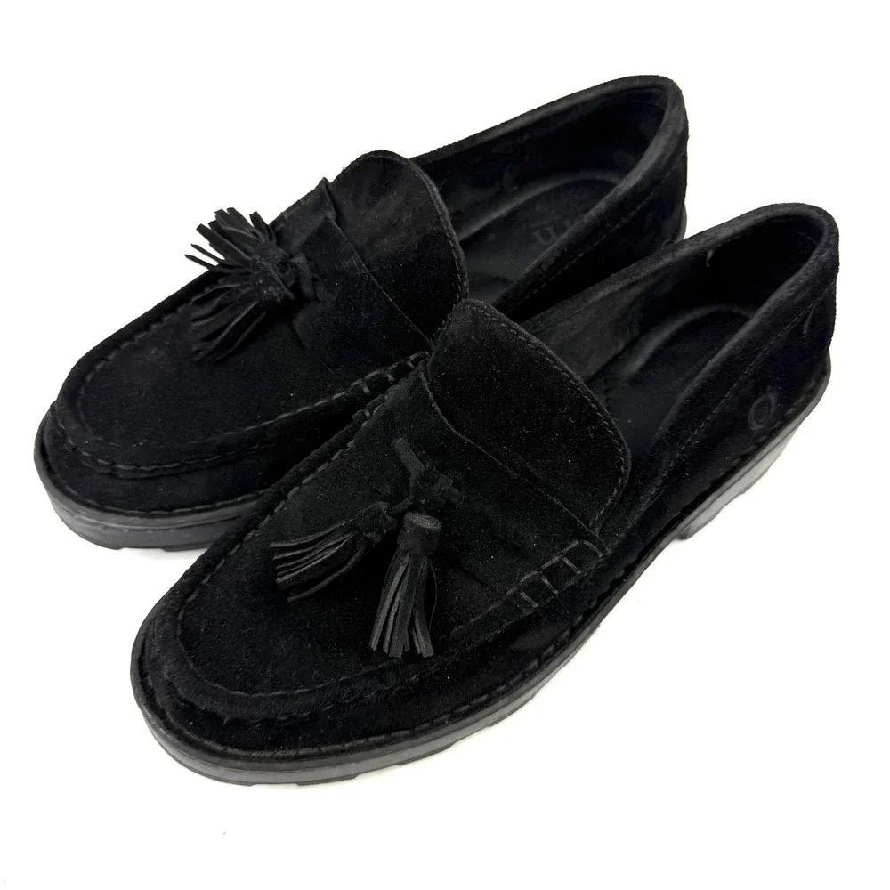 Born Capri Loafer 7 Black Suede Slip On Shoes Lug Sole Womens